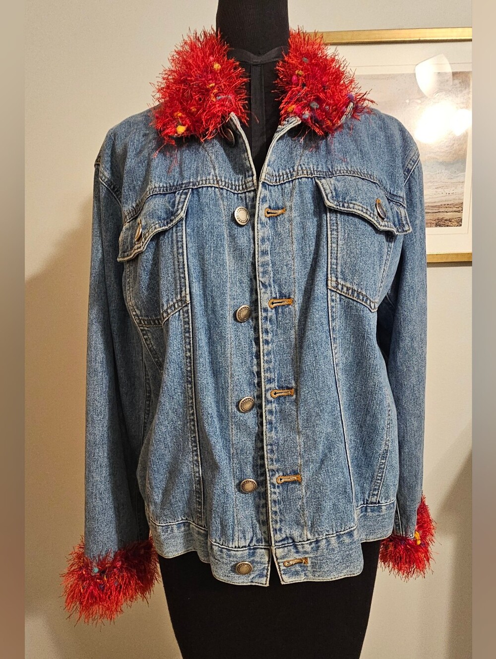 Chicos Vintage Designer Jean Jacket With Red Tinsel Trim.